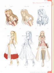Rule 34 | 10s, 1girl, bare shoulders, bikini, bikini top only, blonde hair, book, breasts, brooch, cleavage, cloud, concept art, earrings, frills, highres, jewelry, long hair, long legs, looking at viewer, multiple views, ponytail, praying, rufina (shining hearts), shining (series), shining hearts, swimsuit, thighhighs, tony taka, variations, white background, zettai ryouiki