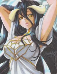 Rule 34 | 1girl, 2023, absurdres, albedo (overlord), armpits, arms up, artist name, black hair, breasts, cleavage, clothing cutout, demon girl, demon horns, detached collar, dress, hair between eyes, highres, horns, large breasts, lips, off-shoulder dress, off shoulder, open mouth, overlord (maruyama), ravernclouk design, traditional media, upper body, white dress, yellow eyes