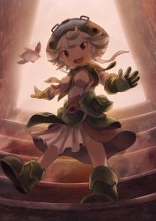Rule 34 | 1girl, :d, boots, breasts, commentary request, full body, gloves, green footwear, green gloves, green hair, helmet, looking at viewer, made in abyss, meinya (made in abyss), multicolored hair, noeyebrow (mauve), open mouth, outstretched arms, prushka, short hair, smile, stairs, two-tone hair, white hair