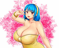 Rule 34 | 1girl, bare shoulders, blue hair, blush, bracelet, breasts, cleavage, dress, erkaz, hairband, hand up, huge breasts, jewelry, leaf, medium hair, open mouth, original, outline, red eyes, rina atherina, solo, strapless, strapless dress, upper body, v, white outline, yellow dress, yellow hairband