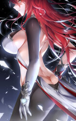 Rule 34 | 1girl, absurdres, ass, bare back, been, black pantyhose, breasts, butt crack, cowboy shot, detached sleeves, elesis (elsword), elsword, gloves, heart, highres, large breasts, long hair, pantyhose, red eyes, red hair, revealing clothes, single sleeve, white gloves