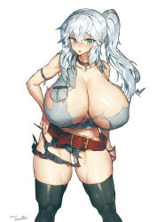 Rule 34 | 1girl, aqua eyes, armband, bare shoulders, belt, belt buckle, black collar, black thighhighs, blush, breast pocket, breasts, brown belt, buckle, cleavage, collar, collarbone, commentary request, crop top, crossed bangs, embarrassed, grey shirt, hair between eyes, hand on own hip, highres, huge breasts, legs apart, long hair, looking at viewer, loose belt, melon22, midriff, miniskirt, navel, nose blush, open mouth, original, pocket, ponytail, shiny clothes, shiny skin, shirt, sidelocks, signature, silver hair, simple background, skirt, sleeveless, sleeveless shirt, solo, standing, sweatdrop, thighhighs, torn clothes, torn shirt, white background, wing collar