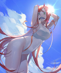 Rule 34 | 1girl, absurdres, arms behind head, blue sky, breasts, cloud, commentary request, competition swimsuit, covered navel, cowboy shot, darling in the franxx, fish, green eyes, highres, horns, lumi (741632261), medium breasts, mouth hold, one-piece swimsuit, oni horns, pink hair, red horns, sky, solo, sun, swimsuit, zero two (darling in the franxx)