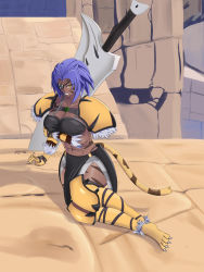 Rule 34 | 1girl, abs, armor, breasts, chichishin, claws, cleavage, eyepatch, fangs, greatsword, highres, muscular, muscular female, navel, pauldrons, purple hair, shia kahn, shoulder armor, slit pupils, sword, tail, tiger girl, tiger stripes, tiger tail, varvarion, weapon, yellow eyes