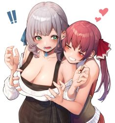 Rule 34 | !, !!, alternate costume, bare shoulders, blush, braid, breasts, cleavage, from behind, grabbing, grabbing another&#039;s breast, green eyes, groping, hair between eyes, hair ribbon, heterochromia, highres, hololive, houshou marine, houshou marine (1st costume), large breasts, mikan (chipstar182), multiple girls, red eyes, red hair, red ribbon, ribbon, shirogane noel, shirogane noel (casual), short hair, silver hair, sleeveless, twintails, virtual youtuber, yellow eyes, yuri