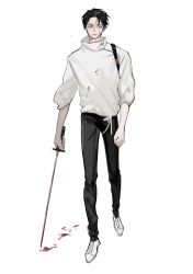 Rule 34 | 1boy, absurdres, baggy clothes, bags under eyes, black pants, blood, blood on face, blood stain, bloody weapon, blue eyes, expressionless, highres, holding, holding sword, holding weapon, jujutsu kaisen, katana, li chestnuts, long sleeves, male focus, okkotsu yuuta, pants, shirt, short hair, solo, solo focus, sword, walking, weapon, white background, white shirt