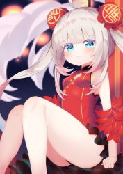 Rule 34 | 1girl, :3, ahoge, azur lane, bare shoulders, blue eyes, blurry, blurry background, blush, breasts, bun cover, china dress, chinese clothes, closed mouth, commentary request, depth of field, double bun, dress, feet out of frame, grey hair, hair bun, halsey powell (azur lane), halsey powell (spring&#039;s lucky star) (azur lane), highres, kokone (coconeeeco), looking at viewer, red dress, sidelocks, sitting, sleeveless, sleeveless dress, small breasts, solo, twintails