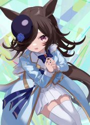 Rule 34 | 1girl, :d, agaki anko, animal ears, blue flower, blue hat, blue jacket, blue rose, blush, brown hair, flower, from below, hair over one eye, hat, hat flower, highres, horse ears, horse girl, jacket, long hair, looking at viewer, official alternate costume, open mouth, pleated skirt, purple eyes, rice shower (umamusume), rose, skirt, smile, solo, thighhighs, tilted headwear, umamusume, white skirt, white thighhighs