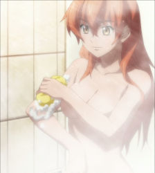 Rule 34 | 1girl, breasts, brown eyes, cleavage, full metal panic!, full metal panic! invisible victory, highres, long hair, medium breasts, nami (full metal panic!), nude, orange hair, screencap, shower, smile, solo, stitched, third-party edit, upper body, wet