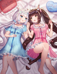 Rule 34 | 2girls, :d, absurdres, animal ear fluff, animal ears, bed sheet, blue bow, blue dress, blue eyes, blue flower, blue rose, blunt bangs, blush, bow, breasts, brown eyes, brown hair, cat ears, cat girl, cat tail, chocola (nekopara), collarbone, commentary request, dress, eye contact, feet out of frame, flower, frilled dress, frilled pillow, frills, hair bow, hand up, hands up, heart, heart-shaped pillow, highres, holding hands, huge filesize, interlocked fingers, knee up, looking at another, lying, multiple girls, nekopara, on back, open mouth, pillow, pink bow, pink dress, prehensile tail, rose, seoki (hi3031), short sleeves, silver hair, small breasts, smile, tail, vanilla (nekopara), white bow