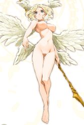 Rule 34 | 1girl, absurdres, angel, breasts, completely nude, full body, head wings, highres, medium breasts, navel, nude, polearm, pussy, solo, spear, transparent background, weapon, wings