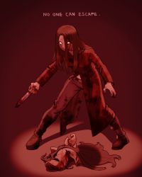 Rule 34 | 1girl, amanda young, belt, blank eyes, blood, blood on clothes, blood on face, bloody knife, bloody weapon, brown footwear, dead by daylight, english text, facing viewer, full body, knife, legs apart, long hair, looking at viewer, mask, unworn mask, nr (nyuro2), pants, pig mask, red theme, saw (movie), simple background, solo, standing, weapon