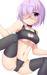 Rule 34 | 1girl, bell, black panties, black thighhighs, breasts, cat lingerie, cleavage, cleavage cutout, clothing cutout, collar, collarbone, fate/grand order, fate (series), glasses, hair over one eye, highres, looking at viewer, mash kyrielight, medium breasts, meme attire, navel, neck bell, panties, purple hair, short hair, simple background, solo, tamaki rina, thighhighs, underboob, underwear, underwear only, white background