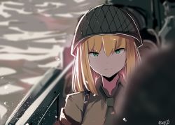 Rule 34 | 1girl, absurdres, blonde hair, blurry, blurry background, blurry foreground, brown shirt, closed mouth, collared shirt, commentary, depth of field, english commentary, gar32, girls&#039; frontline, green eyes, green headwear, green neckwear, hair between eyes, helmet, highres, long hair, looking at viewer, m1 garand (girls&#039; frontline), necktie, shirt, signature, solo focus, upper body, v-shaped eyebrows, water