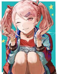 Rule 34 | 1other, akiyama mizuki, bracelet, cherry necklace, hair ornament, hairclip, highres, jacket, jewelry, long hair, necklace, one eye closed, open clothes, open jacket, other focus, pink eyes, pink hair, project sekai, ratte (cf), solo, swept bangs, twintails