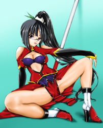 Rule 34 | 1girl, arc system works, bare shoulders, black hair, blazblue, blazblue: calamity trigger, boots, bra, breasts, china dress, chinese clothes, cleavage, cleavage cutout, clothing cutout, dress, female focus, full body, glasses, gradient background, lao jiu, lingerie, litchi faye ling, loincloth, long hair, marubonman, polearm, ponytail, purple bra, purple eyes, sitting, solo, spread legs, staff, underwear, very long hair, weapon