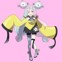 Rule 34 | 1girl, asatsuki (fgfff), bike shorts, blush, boots, commentary request, creatures (company), full body, game freak, green hair, grey footwear, grey shirt, grin, highres, iono (pokemon), jacket, looking at viewer, multicolored hair, nintendo, one eye closed, pink background, pink hair, pokemon, pokemon sv, sharp teeth, shirt, simple background, single leg pantyhose, sleeveless, sleeveless shirt, sleeves past fingers, sleeves past wrists, smile, solo, teeth, thigh strap, twintails, two-tone hair, yellow jacket