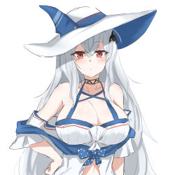 Rule 34 | 1girl, arknights, bare shoulders, black choker, breasts, choker, cleavage, closed mouth, commentary, hair between eyes, hair ornament, hand on own hip, hat, large breasts, long hair, looking at viewer, maiq06, off-shoulder shirt, off shoulder, official alternate costume, orca hair ornament, red eyes, shirt, silver hair, simple background, skadi (arknights), skadi (waverider) (arknights), solo, upper body, white background, white hat, white shirt