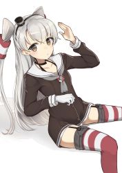 Rule 34 | 10s, 1girl, amatsukaze (kancolle), bad id, bad pixiv id, blush, brown eyes, choker, garter straps, gloves, highres, kantai collection, long hair, looking at viewer, purutabu, red thighhighs, school uniform, serafuku, shadow, silver hair, simple background, single glove, sitting, solo, striped clothes, striped thighhighs, thighhighs, white background, white gloves