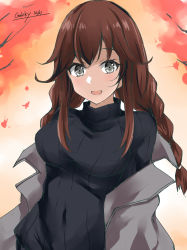 Rule 34 | 1girl, black sweater, braid, brown hair, gakky, grey eyes, grey jacket, jacket, kantai collection, looking at viewer, noshiro (kancolle), official alternate costume, one-hour drawing challenge, ribbed sweater, solo, sweater, swept bangs, twin braids, upper body