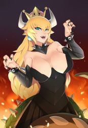 Rule 34 | 1girl, absurdres, armlet, bare shoulders, black dress, black nails, blonde hair, blue eyes, blush, bowsette, bracelet, breasts, cleavage, collar, crown, detached sleeves, dress, earrings, grey horns, grin, hair between eyes, highres, horns, jewelry, large breasts, legs, long dress, long hair, looking at viewer, mario (series), monster girl, nail polish, neck, new super mario bros. u deluxe, nintendo, pointy ears, ponytail, smile, solo, spiked armlet, spiked bracelet, spiked collar, spikes, strapless, strapless dress, super crown, super mario bros. 1, teeth, turtle shell, xkit