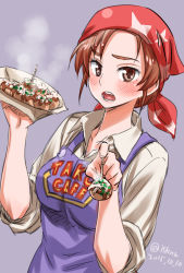 Rule 34 | 00s, 1girl, 2015, apron, bandana, blush, dated, food, fujita akane, futari wa precure, giving, highres, holding, holding food, isedaichi ken, open mouth, ponytail, precure, red eyes, red hair, religious offering, short hair, solo, steam, takoyaki, toothpick, twitter username