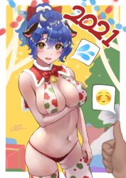 Rule 34 | 1boy, 1girl, 2021, animal ears, arm under breasts, bell, blue hair, bow, bowtie, breast hold, breasts, brown eyes, c (theta), cleavage, commentary request, cowboy shot, dark-skinned male, dark skin, emoticon, fake animal ears, fake horns, fur trim, highres, horns, idolmaster, idolmaster million live!, large breasts, lingerie, looking at viewer, navel, neck bell, open mouth, short hair, solo focus, standing, thighhighs, thumbs up, toyokawa fuka, underwear