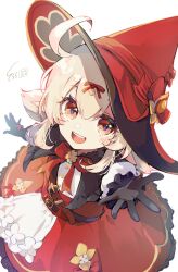 Rule 34 | 1girl, ahoge, black gloves, blonde hair, blush, child, dress, genshin impact, gloves, hat, highres, klee (blossoming starlight) (genshin impact), klee (genshin impact), long sleeves, looking at viewer, official alternate costume, open mouth, pinocle, red dress, red eyes, red hat, short twintails, smile, solo, teeth, twintails, witch hat