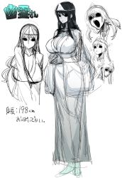 Rule 34 | 1girl, black eyes, black hair, blue eyes, breasts, cleavage, covered erect nipples, ghost, highres, huge breasts, japanese clothes, kimono, long hair, multiple views, open mouth, original, sketch, spacezin, triangular headpiece, white background