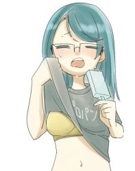 Rule 34 | 1girl, blue hair, bra, breasts, closed eyes, clothes lift, food, glasses, hot, large breasts, long hair, mousou telepathy, nakano ayako, nobel (nobel827), popsicle, shirt lift, solo, sweat, underwear, white background, wiping sweat