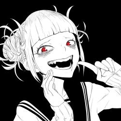 Rule 34 | 10s, 1girl, bags under eyes, blunt bangs, boku no hero academia, double bun, fangs, female focus, hair bun, hand on own face, highres, index finger raised, looking at viewer, monochrome, red eyes, school uniform, serafuku, sidelocks, sleeves past wrists, slit pupils, smile, solo, spot color, tocky, toga himiko