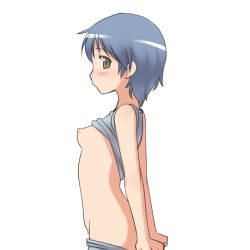 Rule 34 | 1girl, aaaa (quad-a), bad id, bad pixiv id, blue hair, blush, breasts, clothes lift, clothes pull, colored pubic hair, female pubic hair, nipples, original, petite, profile, pubic hair, shirt lift, short hair, simple background, small breasts, solo, undressing, white background