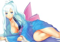 Rule 34 | 1girl, absurdres, bare legs, blue eyes, blue hair, breasts, cleavage, collarbone, highres, japanese clothes, karakuri onigami akatsuki, kotone (karakuri onigami akatsuki), large breasts, long hair, looking at viewer, lying, matching hair/eyes, obi, on side, parted lips, ponytail, sash, silver hair, simple background, solo, tony taka, white background