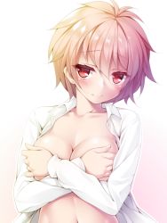 Rule 34 | 1girl, blonde hair, blush, breasts, closed mouth, collared shirt, covering privates, covering breasts, fingernails, gradient background, hair between eyes, highres, lethe-shion, looking at viewer, medium breasts, naked shirt, navel, open clothes, open shirt, original, pink background, red eyes, shirt, short hair, solo, upper body, white shirt