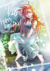Rule 34 | 1girl, amou kanade, barefoot, black bra, blue dress, bra, bra visible through clothes, dress, hair behind ear, hand on own head, happy birthday, high heels, highres, holding, holding shoes, long hair, open mouth, red eyes, red hair, reflection, ripples, senki zesshou symphogear, shoes, unworn shoes, solo, twitter username, underwear, water, yoshii dan