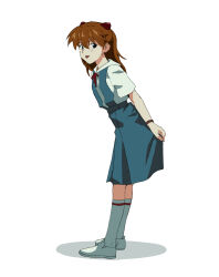 Rule 34 | 1990s (style), 1girl, artist request, blue eyes, blue skirt, breasts, brown hair, full body, headgear, highres, kneehighs, knees up, long hair, looking at viewer, neck ribbon, neon genesis evangelion, red ribbon, retro artstyle, ribbon, school uniform, shirt, shoes, short sleeves, sketch, skirt, small breasts, socks, solo, souryuu asuka langley, standing, suspender skirt, suspenders, tokyo-3 middle school uniform, tongue, tongue out, tsundere, two side up, white background, white shirt, white socks