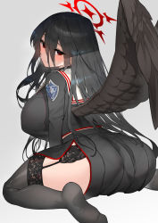 Rule 34 | 1girl, absurdres, ass, black hair, black shirt, black skirt, black thighhighs, blue archive, blush, breasts, choker, closed mouth, garter belt, garter straps, grey background, hair between eyes, halo, hasumi (blue archive), highres, kneeling, large breasts, logo, long hair, long sleeves, looking at viewer, looking back, mole, mole under eye, pyz (cath x tech), red eyes, school uniform, shirt, simple background, skirt, solo, thighhighs, thighs, uniform, wings