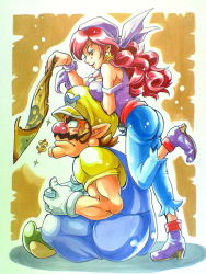 Rule 34 | 1boy, 1girl, anei, ass, bandana, bare shoulders, boots, breast rest, breasts, breasts on head, captain syrup, cleavage, controller, crossed legs, dollar sign, earrings, facial hair, game controller, gamepad, hat, jewelry, leg lift, leg up, long hair, map, mario (series), marker (medium), medium breasts, muscular, mustache, nintendo, off shoulder, overalls, pants, red hair, red nose, sash, sitting, traditional media, wario, wario land, wario land: shake it!