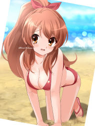 Rule 34 | 1girl, all fours, alternate hairstyle, arm support, asahina mikuru, bare arms, bare legs, bare shoulders, beach, bikini, blue sky, blurry, blush, bokeh, breasts, brown eyes, brown hair, cleavage, collarbone, commentary, day, depth of field, hair ribbon, highres, kuuma25 kuma, large breasts, long hair, mole, mole on breast, open mouth, outdoors, ponytail, red bikini, red ribbon, ribbon, sand, sandals, shadow, sky, solo, star (symbol), suzumiya haruhi no yuuutsu, swimsuit, twitter username, very long hair, wavy mouth