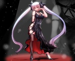 Rule 34 | 1girl, ahoge, alternate costume, alternate hair color, arm strap, bare shoulders, between breasts, black dress, black footwear, black ribbon, black thighhighs, borrowed design, breasts, commentary request, contrapposto, cross-laced clothes, dress, full body, hair between eyes, hair ribbon, halter dress, halterneck, hand up, hatsune miku, high heels, long hair, looking at viewer, medium breasts, orange eyes, purple hair, ribbon, ryuu tou, shadow, side slit, silver hair, single thighhigh, sleeveless, sleeveless dress, solo, stage lights, standing, stiletto heels, thigh strap, thighhighs, twintails, very long hair, vocaloid, zoom layer