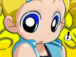 Rule 34 | !, 00s, 1girl, blonde hair, blue eyes, bubble, goutokuji miyako, looking at viewer, open mouth, portrait, powerpuff girls, powerpuff girls z, rolling bubbles, solo, speech bubble, yellow background
