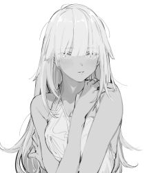 Rule 34 | 1girl, bare shoulders, blush, breasts, cleavage, greyscale, hair between eyes, hair over eyes, long hair, looking at viewer, monochrome, original, osu5i, parted lips, shirt, simple background, sleeveless, sleeveless shirt, solo, upper body, very long hair, white background
