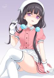 Rule 34 | 1girl, apron, arm support, black hair, blend s, blunt bangs, crossed legs, dot nose, frilled apron, frills, gloves, gradient background, grey background, hair ornament, highres, holding, holding own hair, invisible chair, long hair, low twintails, nice knee socks day, open mouth, pink shirt, pink skirt, pom pom (clothes), pom pom hair ornament, puffy short sleeves, puffy sleeves, purple eyes, sakuranomiya maika, shaded face, shirt, short sleeves, signature, simple background, sitting, skirt, solo, sugutsuka rerun, thighhighs, thighs, twintails, waist apron, white apron, white background, white gloves, white headwear, white thighhighs