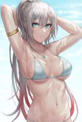 Rule 34 | 1girl, aqua eyes, armlet, armpits, arms up, bikini, breasts, cleavage, commentary request, duplicate, girls&#039; frontline, gradient hair, hair between eyes, halterneck, high ponytail, highres, jewelry, large breasts, long hair, looking to the side, lwmmg (girls&#039; frontline), multicolored hair, navel, necklace, outdoors, selcky, silver hair, solo, streaked hair, string bikini, swimsuit, underboob, water, wet