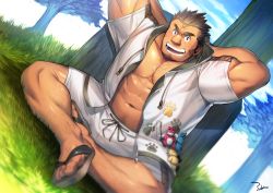 Rule 34 | 1boy, abs, absurdres, arms behind head, bara, beard, black hair, blush, body hair, cross scar, facial hair, fai (fai-storage), full body, highres, houzouin oniwaka, huge filesize, leg hair, long sideburns, looking at viewer, male focus, manly, mononobe kyoma, muscular, open clothes, open mouth, paid reward available, pectorals, sandals, scar, scar on face, scar on forehead, shorts, sideburns, smile, solo, stubble, thick eyebrows, tokyo houkago summoners