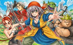 Rule 34 | 2girls, 3boys, angry, animal ears, axe, bandana, black gloves, black leotard, blue skirt, breasts, buru-dai, cape, cleavage, closed mouth, collarbone, colored skin, cosplay, covering breasts, covering privates, day, dragon quest, dragon quest viii, fake animal ears, fat, fat man, gloves, green eyes, green skin, helmet, hero (dq8), hero (dq8) (cosplay), highres, hololive, hololive fantasy, jessica albert, king trode, kukuru (dq8), large breasts, leotard, mace, matching hair/eyes, mouse, multiple boys, multiple girls, outdoors, playboy bunny, rabbit ears, red eyes, red hair, shirogane noel, short hair, silver hair, skirt, sky, smile, square enix, trode, troll, twintails, upper body, virtual youtuber, weapon, whip, wrist cuffs, yangus