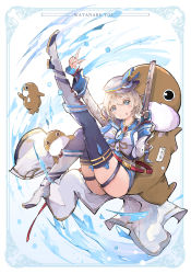 Rule 34 | 1girl, 3others, :p, belt, blue eyes, blue gloves, blue neckwear, blue ribbon, blush, boots, brooch, character name, fingerless gloves, gloves, granblue fantasy, grey hair, gun, hat, hat ribbon, highres, holding, holding gun, holding weapon, jacket, jewelry, knee boots, knee up, leg up, long sleeves, looking at viewer, love live!, love live! sunshine!!, mascot costume, multiple others, name tag, necktie, qianqian, ribbon, short hair, single fingerless glove, sitting, thigh strap, thighhighs, tongue, tongue out, uchicchii, walrus costume, watanabe you, weapon