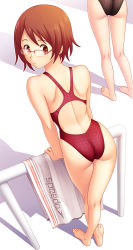 Rule 34 | 2girls, ass, barefoot, brown eyes, brown hair, competition swimsuit, from above, glasses, highres, kuri (kurigohan), looking back, multiple girls, one-piece swimsuit, original, solo focus, swimsuit, towel