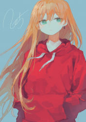 Rule 34 | 1girl, blue background, closed mouth, commentary request, drawstring, earrings, green eyes, highres, hood, hood down, hoodie, jewelry, looking at viewer, orange hair, original, potg (piotegu), red hoodie, signature, simple background, solo, upper body