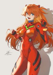 Rule 34 | 1girl, blue eyes, bodysuit, breasts, commentary request, cowboy shot, fadingz, grey background, hair between eyes, highres, long hair, looking at viewer, neon genesis evangelion, open mouth, orange hair, pixiv id, plugsuit, signature, simple background, solo, souryuu asuka langley, teeth, tongue